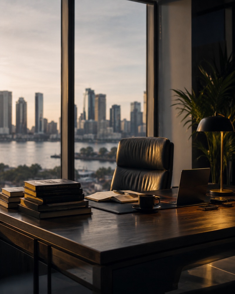 A senior partner&rsquo;s office overlooking the Lagos skyline